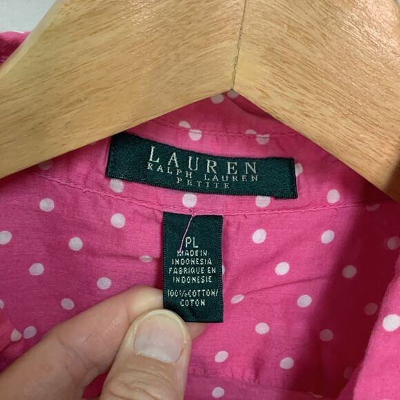 Lauren Ralph Lauren Bright Pink White Dot Cotton Voile LS Button Shirt Size PL - Picture 5 of 10